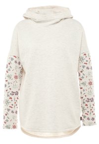 Vaaleanbeige huppari, jossa on pehmeä pinta, kukkakuosiset hihat purppuran- ja punasävyissä sekä rento malli.