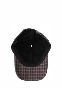 Braun kariertes Cap mit schwarzem Innenfutter, ausgestattet mit einem strukturierten Schild und einem Knopfdetail oben. Weicher Stoff mit einem klassischen Design.