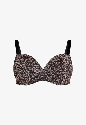 Reggiseno con coppe sagomate che presenta un motivo leopardato in tonalità di marrone e nero, spalline nere regolabili e una texture liscia.