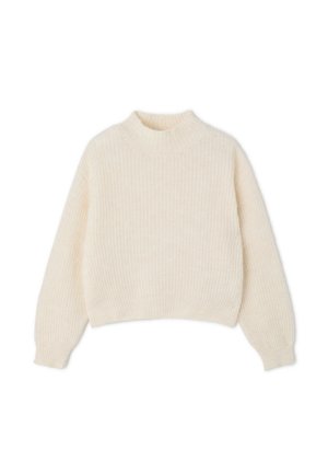 Cream-colored, ribbed knit sweater with a high funnel neck and dropped shoulders. Soft texture with long, slightly puffed sleeves.
