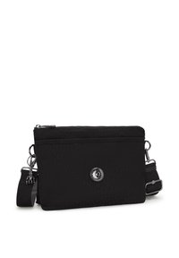Borsa a tracolla nera in tessuto con un motivo geometrico testurizzato, chiusura con zip, dettagli in metallo argentato, tracolla removibile e logo sul davanti.