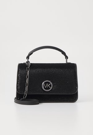 Black handbag with textured surface, chain and leather strap, magnetic flap closure, featuring a circular silver logo accent.