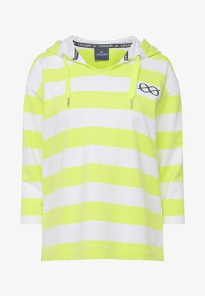 Limoen groene en witte gestreepte hoodie met een losse pasvorm, voorzien van trekkoorden en een klein geborduurd logo op de borst.