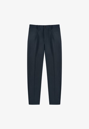 Navyblauwe broek van katoen, met een recht gesneden ontwerp, voorzakken en een sluiting met een knoop aan de voorkant. Soepele textuur, geen patronen.