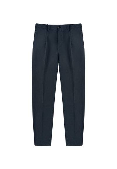 Pantalon bleu marine en coton, avec une coupe droite, des poches avant et une fermeture à bouton à l'avant. Texture lisse, sans motifs.
