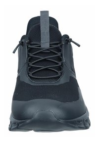 Black athletic shoes with a mesh and rubber upper, featuring a textured design, elastic laces, and a pull tab at the back.