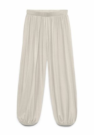 Pantalon beige ample avec taille élastique et ourlets élastiques froncés, fabriqué en tissu léger.