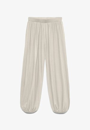 Pantalon beige ample avec taille élastique et ourlets élastiques froncés, fabriqué en tissu léger.
