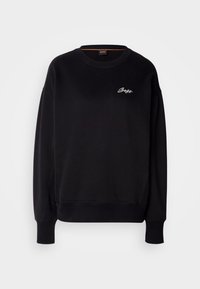 Sweat-shirt noir à manches longues avec col rond, poignets et bas côtelés, arborant un petit logo "Boss" blanc en écriture cursive sur la poitrine gauche.