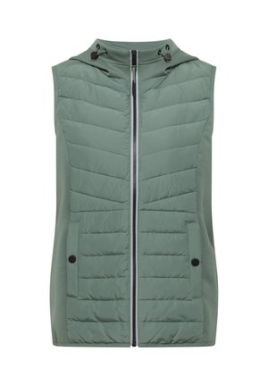 Ärmellose grüne gesteppte Weste mit Frontreißverschluss, verstellbarer Kapuze und zwei aufgesetzten Taschen mit Druckknopf vorne.