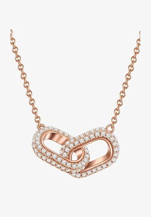 Rózsaarany lánc nyaklánc, amelyen egy egymásba fonódó végtelen medál található, kis, kerek, átlátszó drágakövekkel díszítve a szélein.