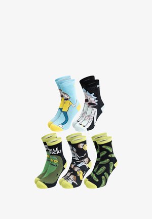 Fünf Paar Crew-Socken mit bunten Cartoon-Designs. Die Materialien wirken dehnbar, mit unterschiedlichen Mustern und kontrastierenden gerippten Bündchen.