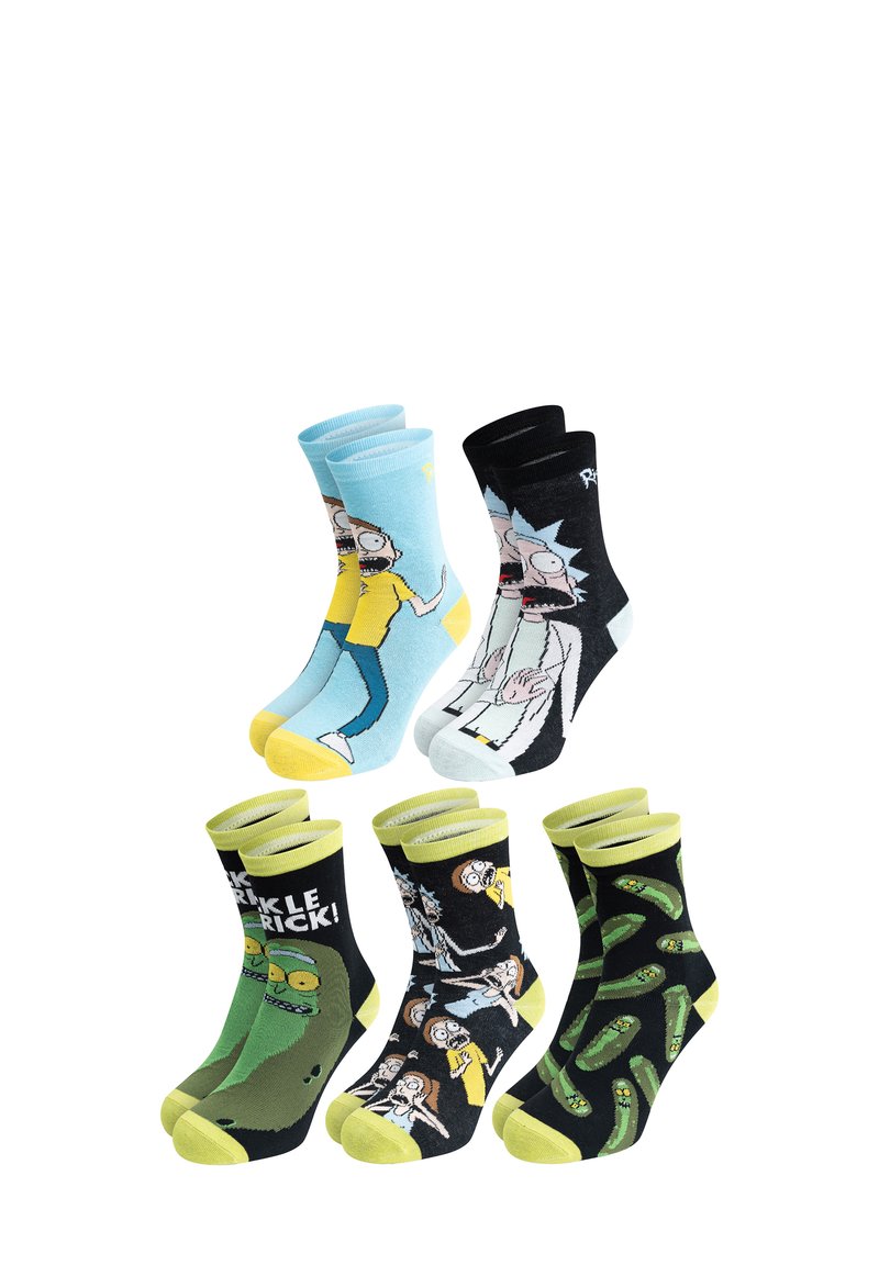 Cinque paia di calzini da lavoro con divertenti design di cartoni animati. I materiali sembrano elastici, con motivi variabili e polsini a costine a contrasto.