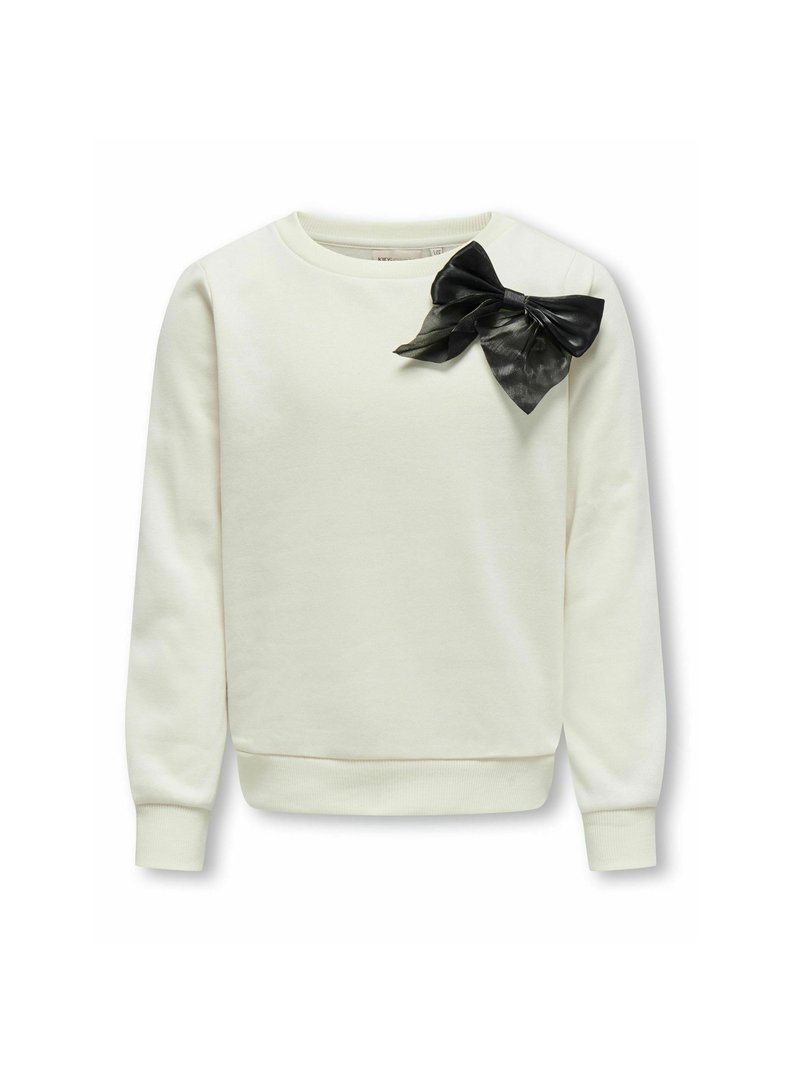 Witte sweatshirt met lange mouwen, ronde halslijn en een opvallende zwarte satijnen strikdetail op de linkerschouder. Gladde textuur.