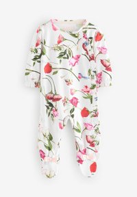 Romper floral para bebé en blanco con patrones de rosas y flores coloridas. Cuenta con mangas a gathered, botones laterales y detalles de lazo rosa en los pies.