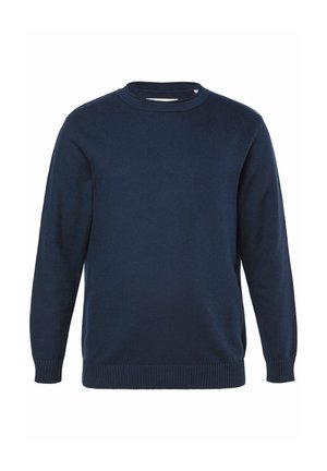 Tmavě modrý svetr s dlouhým rukávem a kruhovým výstřihem, s žebrovanými manžetami a spodním lemem, s hladkým pleteným povrchem, vystavený na bílém pozadí.