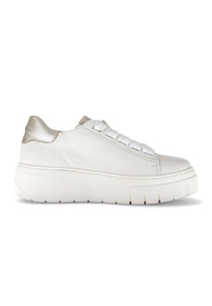 White platform sneaker with chunky sole, white laces, and metallic gold heel and tongue accents, shown from the side on a white background.