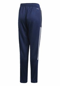 Pantalones deportivos de color azul marino, fabricados con tejido suave, con franjas laterales blancas, cinturilla elástica y bolsillos laterales.