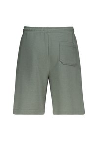 Shorts in cotone verde oliva con vita regolabile, tasche laterali e una tasca sul retro. Tessuto liscio, design lungo fino al ginocchio.