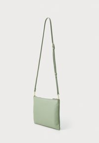 Green leather crossbody bag with a textured finish, slim rectangular shape, adjustable strap, and gold-tone hardware accents.