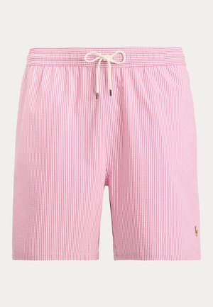 Rosa og hvide shorts med lodrette striber, elastisk talje og hvid snøre, med lille broderet logo nær kanten.