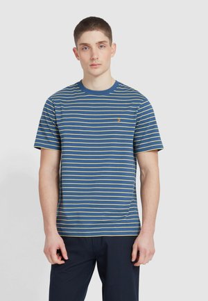 Gestreiftes T-Shirt in Blau mit gelben Streifen, aus Baumwollstoff, mit Rundhalsausschnitt, kurzen Ärmeln und einem kleinen gestickten Logo auf der Brust.