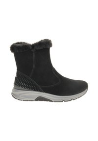 Zwarte suede enkellaars met nepbont manchetten, decoratieve geperforeerde accenten op de hak en een flexibele grijze rubberen zool.