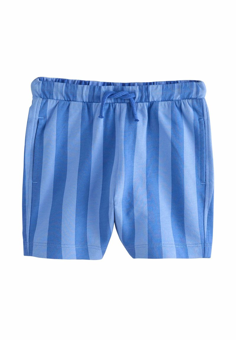 Pantaloni scurți de baie cu dungi albastre, confecționați dintr-un material ușor, având un brâu elastic și șnur de ajustare, cu buzunare laterale pentru depozitare.