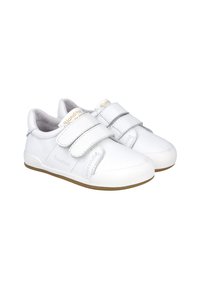 Zapatillas blancas con doble tira de Velcro, puntera redondeada, suela de goma texturizada y forro interior suave. Nombre de la marca grabado en el lateral.