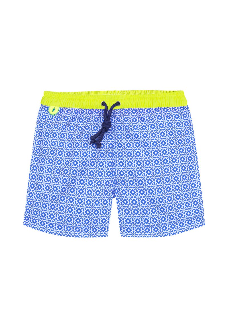 Shorts de bain bleu avec un motif géométrique blanc, taille élastique jaune et cordon de serrage bleu marine pour un ajustement réglable.