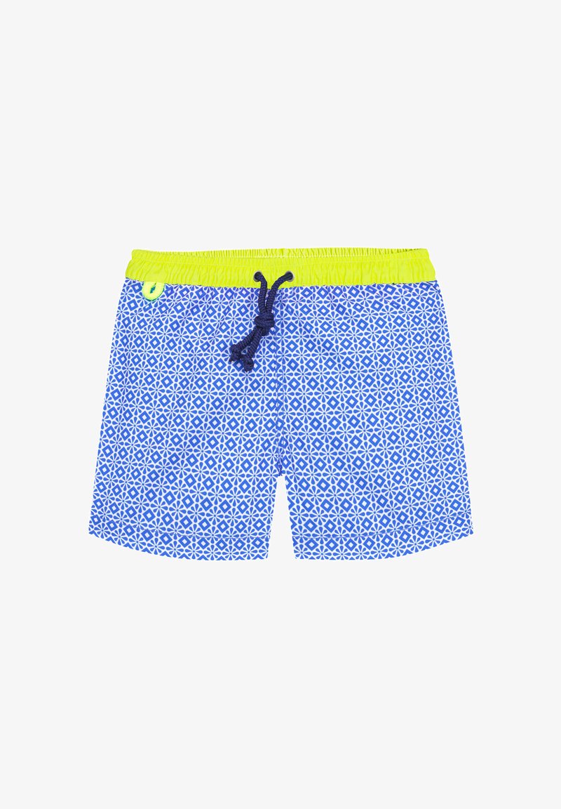 Shorts de bain bleu avec un motif géométrique blanc, taille élastique jaune et cordon de serrage bleu marine pour un ajustement réglable.