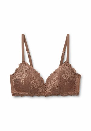 Brown lace bralette with a triangle shape, featuring floral patterns, scalloped edges, and adjustable straps. Soft textured fabric.