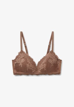 Braune Spitzen-Bralette mit triangularer Form, floralem Muster, gewellten Kanten und verstellbaren Trägern. Weicher, strukturierter Stoff.