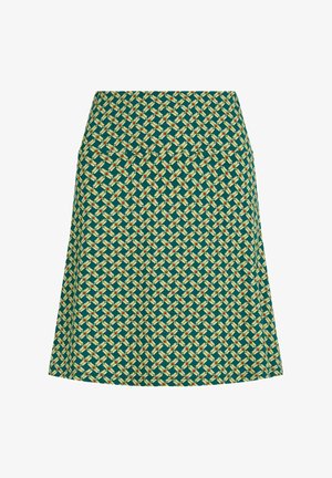 Gonna verde con motivo geometrico e accenti gialli e rossi, realizzata in un tessuto leggero e dalla superficie liscia.