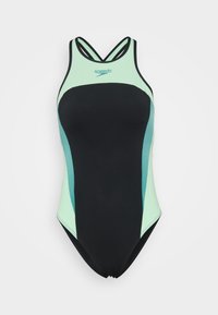 Maillot de bain une pièce noir et vert menthe avec un design dos nageur, présentant des panneaux contrastants et le logo Speedo près de l'encolure.