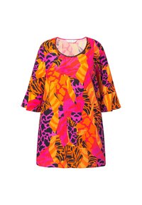 Mehrfarbige Tunika mit kurzen, ausgestellten Ärmeln. Sie verfügt über ein lebhaftes Muster aus orangefarbenen, pinken und schwarzen abstrakten Formen. Runder Ausschnitt.