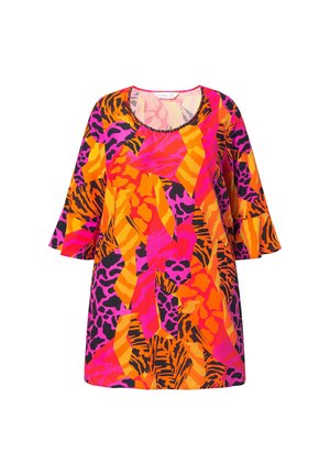 Mehrfarbige Tunika mit kurzen, ausgestellten Ärmeln. Sie verfügt über ein lebhaftes Muster aus orangefarbenen, pinken und schwarzen abstrakten Formen. Runder Ausschnitt.