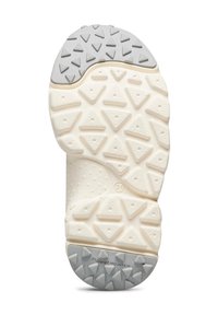 Sole della scarpa in bianco sporco con una superficie testurizzata dotata di battistrada triangolari e un'area di accento grigia; etichettata "Flower Mountain" vicino al tallone.