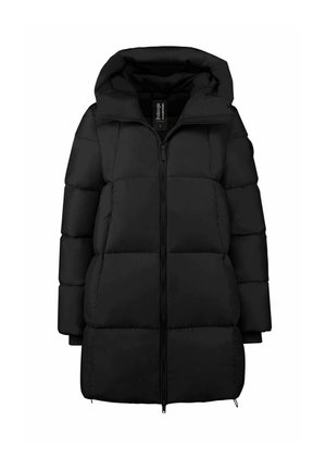 Cappotto invernale lungo imbottito nero con cappuccio, cerniera frontale completa e cuciture trapuntate orizzontali su maniche e corpo.