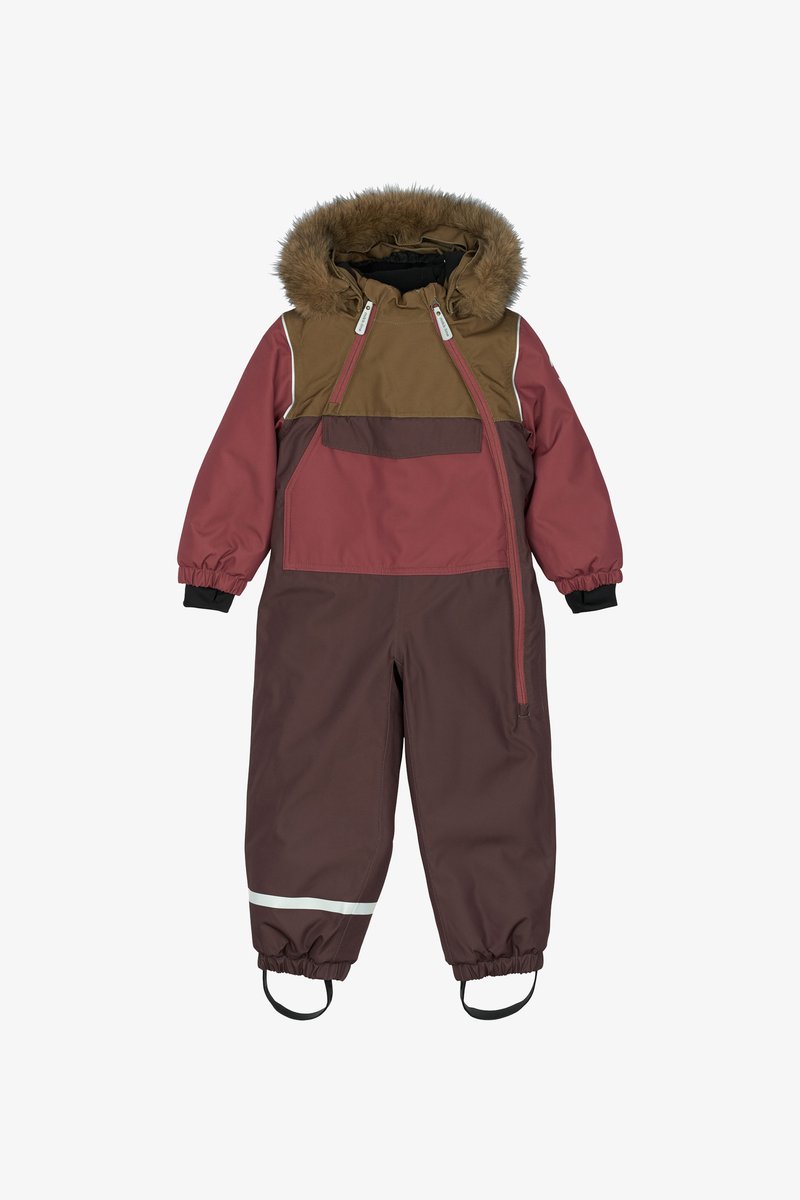 Insulated snowsuit in burgundy and brown, featuring a faux fur hood, elastic cuffs, reflective stripe, and zip closure. Two front pockets.