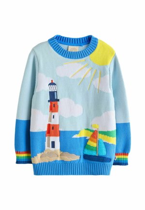 Light blue children's sweater with lighthouse, colorful sailboat, sun, clouds, and rainbow-striped cuffs.