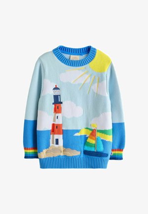 Light blue children's sweater with lighthouse, colorful sailboat, sun, clouds, and rainbow-striped cuffs.