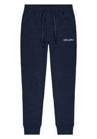 Granatowe dresy wykonane z miękkiego materiału, z elastycznym paskiem w talii z sznurkiem i ściągaczami przy kostkach. Logo na lewej udzie.