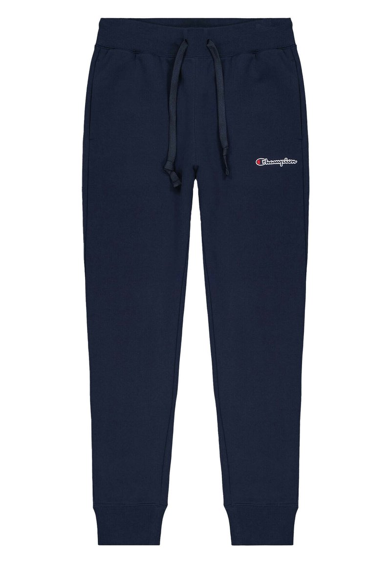 Granatowe dresy wykonane z miękkiego materiału, z elastycznym paskiem w talii z sznurkiem i ściągaczami przy kostkach. Logo na lewej udzie.