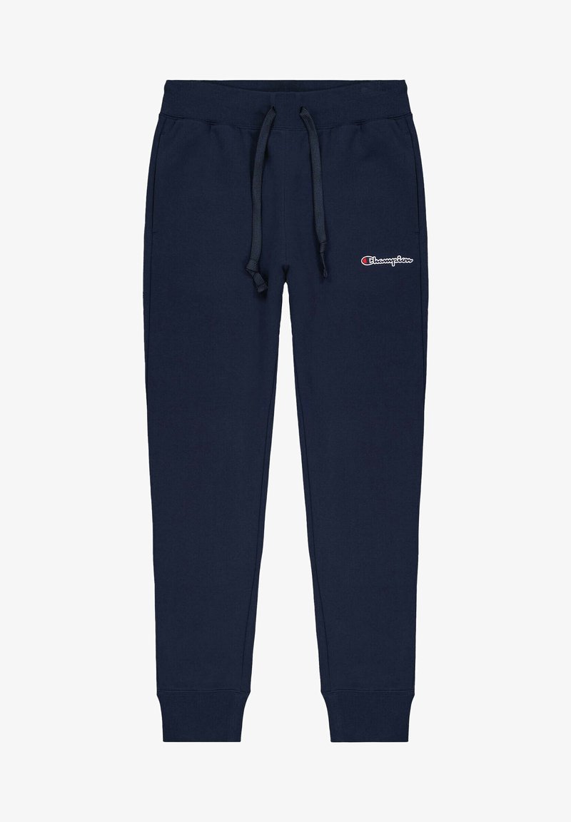 Granatowe dresy wykonane z miękkiego materiału, z elastycznym paskiem w talii z sznurkiem i ściągaczami przy kostkach. Logo na lewej udzie.