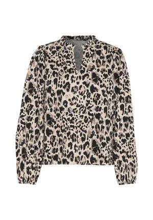 Bluse i leopardprint med V-hals, lange ærmer og rynkede manchetter. Stoffet er letvægts med en glat tekstur i beige, sort og brune nuancer.