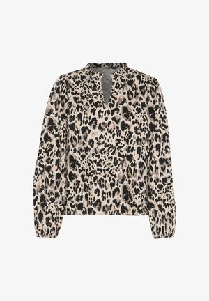 Bluse i leopardprint med V-hals, lange ærmer og rynkede manchetter. Stoffet er letvægts med en glat tekstur i beige, sort og brune nuancer.