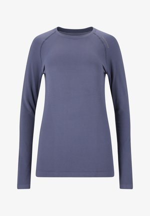 Langærmet atletisk top i mørkeblå. Blødt, strækbart stof med ribbenede detaljer på skuldrene og siderne. Rund halsudskæring.
