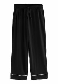 Pantaloni neri cropped realizzati in tessuto leggero, con vita elastica e cordino e piping bianco all'orlo.