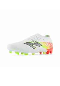 White soccer cleat with neon green and orange sole studs, black logo, and multicolor gradient design on the heel side.